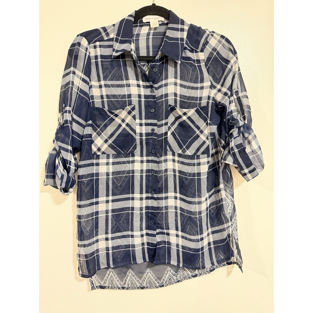 Band Of Gypsies Plaid Western Print Sheer Blue White Top Cowgirl Southwest Women